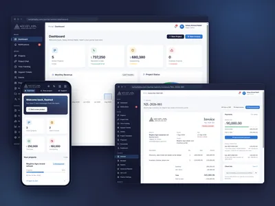 NetJet Labs ERP staff dashboard, an invoice with part payments, and the client portal on a phone
