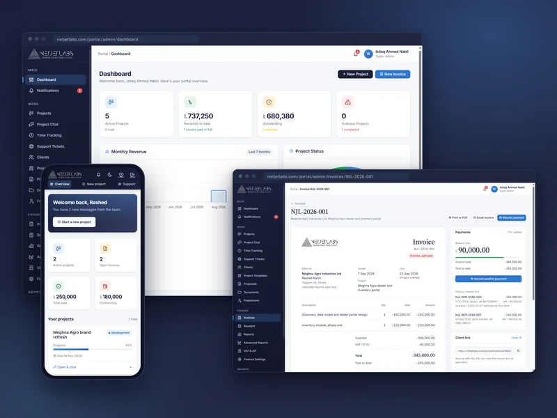 NetJet Labs ERP staff dashboard, an invoice with part payments, and the client portal on a phone