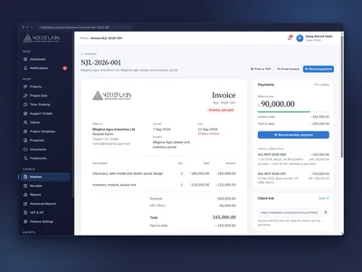 Invoice page with the document, its payment history and the balance due