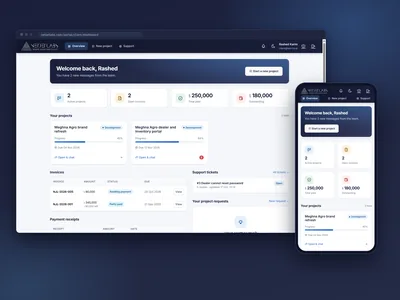 Client portal on desktop and phone showing projects, invoices and support tickets